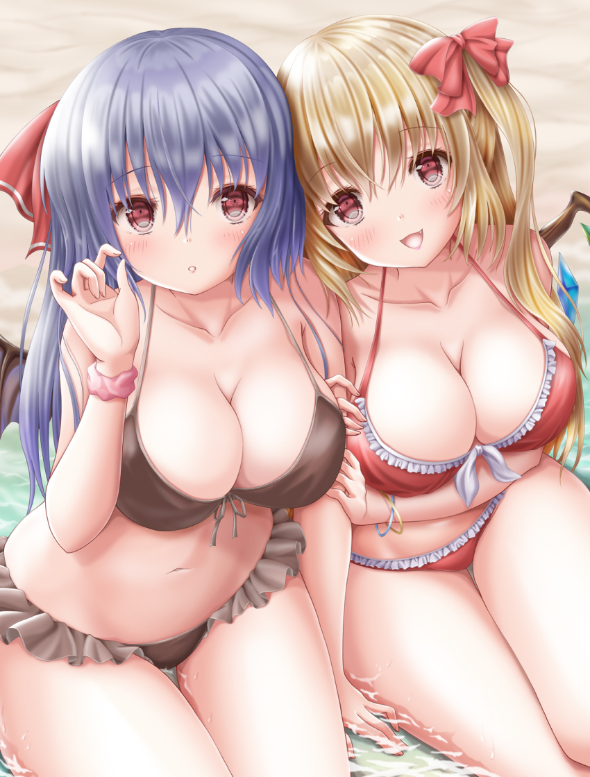 2girls, aged_up, akino_irori, alternate_breast_size, alternate_costume, bangle, bare_arms, bare_shoulders, beach, bikini, black_bikini, black_wings, blonde_hair, blue_hair, bow, bracelet, breasts, cleavage, collarbone, flandre_scarlet, hair_bow, highres, jewelry, large_breasts, long_hair, looking_at_viewer, multiple_girls, navel, outdoors, red_bikini, red_bow, red_eyes, remilia_scarlet, siblings, sisters, sitting, smile, swimsuit, touhou, wings, wristband