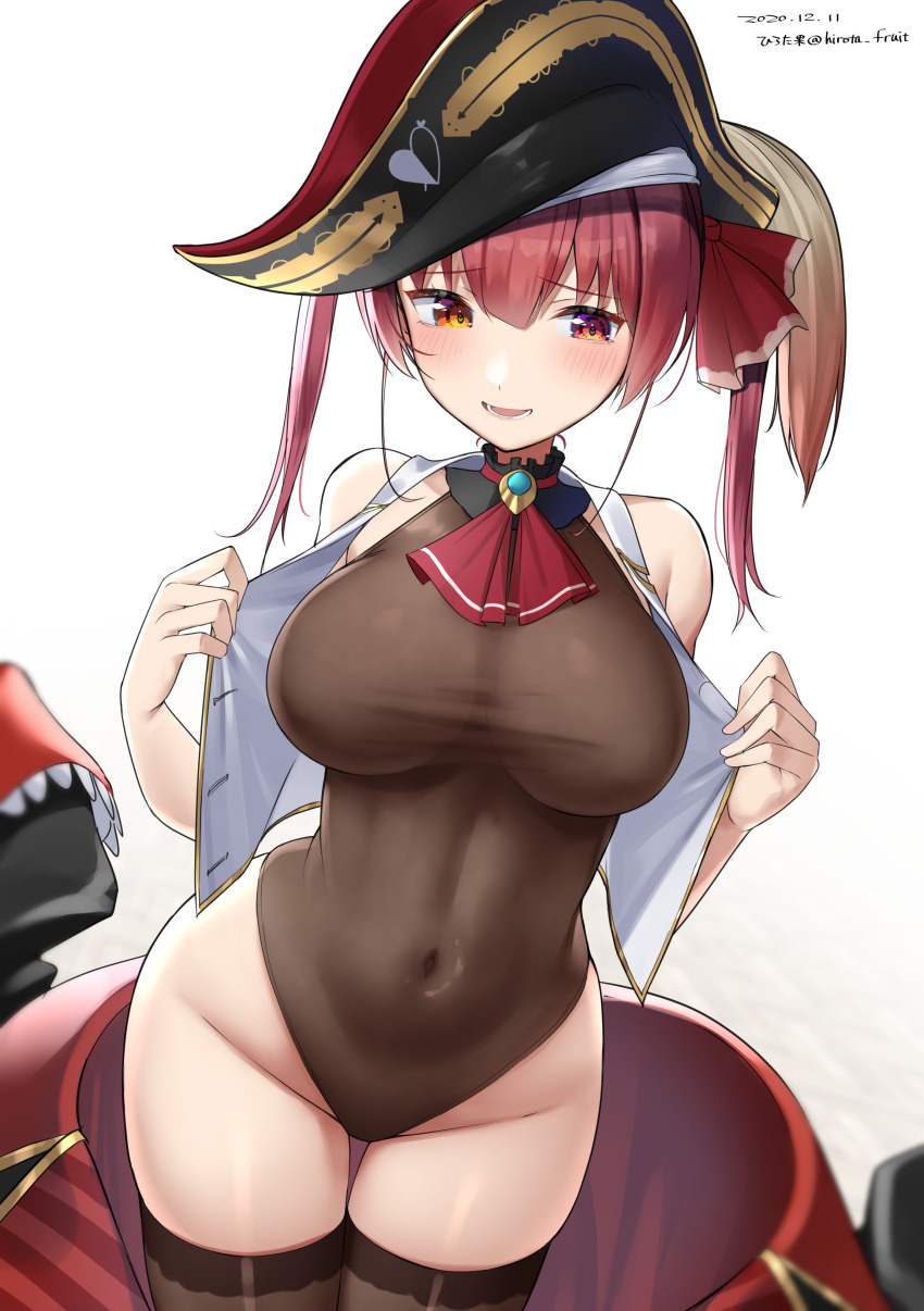 1girl, :d, absurdres, arrow_through_heart, ascot, bare_hips, bare_shoulders, blush, breasts, brown_leotard, brown_thighhighs, coat, dated, groin, hair_between_eyes, hair_ribbon, hat, heterochromia, highleg, highleg_one-piece_swimsuit, highres, hirota_fruit, hololive, houshou_marine, large_breasts, leotard, looking_at_viewer, no_eyepatch, one-piece_swimsuit, open_clothes, open_mouth, open_vest, orange_eyes, pirate_hat, purple_hair, red_ascot, red_coat, red_eyes, red_ribbon, ribbon, see-through_clothes, see-through_leotard, simple_background, smile, solo, swimsuit, thigh_gap, thighhighs, twintails, twitter_username, undressing, unworn_coat, vest, virtual_youtuber, white_background, white_vest, wide_hips