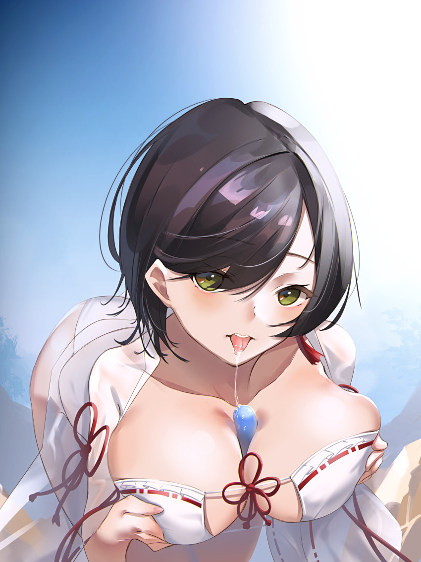 1girl, absurdres, azur_lane, between_breasts, black_hair, breast_lift, breasts, cleavage, dead_or_alive, dead_or_alive_xtreme, frilled_hakama, green_eyes, highres, japanese_clothes, ka11_ca, large_breasts, leaning_forward, looking_at_viewer, nagisa_(doa), nontraditional_miko, saliva, saliva_trail, see-through_clothes, sexually_suggestive, short_hair, solo, tongue, tongue_out