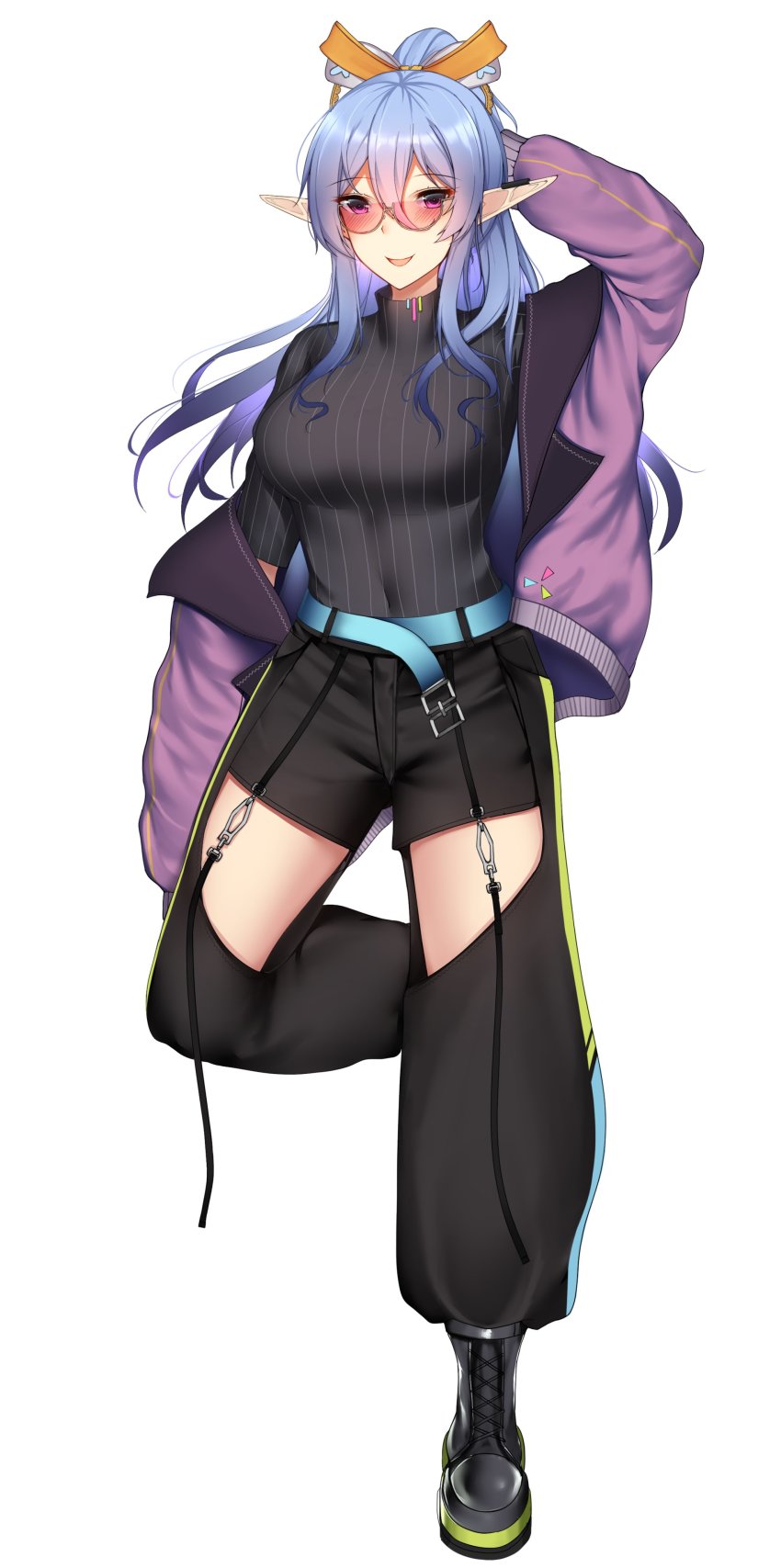 1girl, absurdres, belt, blue_belt, blue_hair, boots, commentary, elf