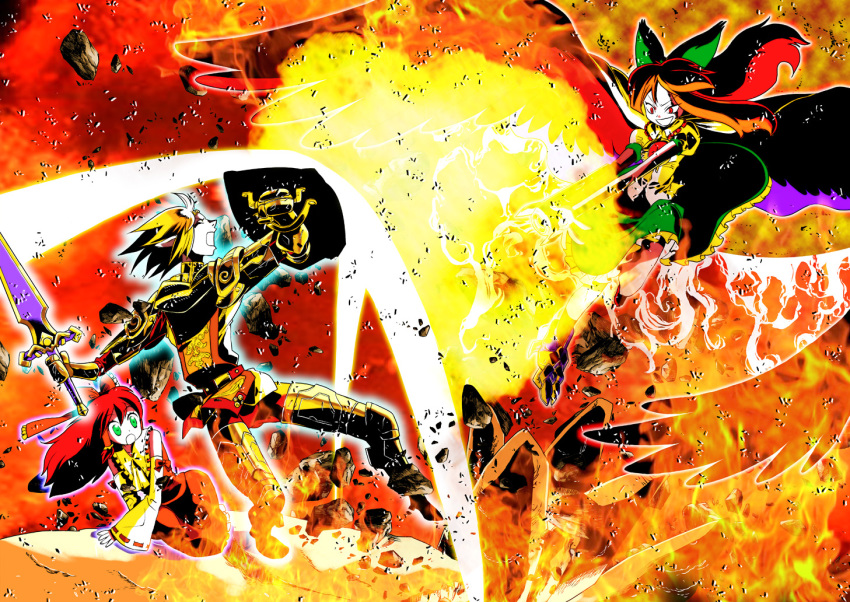 00s, 1boy, 2girls, battle, buront, crossover, elf, elvaan, final_fantasy, final_fantasy_xi, hakurei_reimu, makaron, multiple_girls, paladin, paladin_(final_fantasy), pointy_ears, reiuji_utsuho, shosuha, the_iron_of_yin_and_yang, touhou