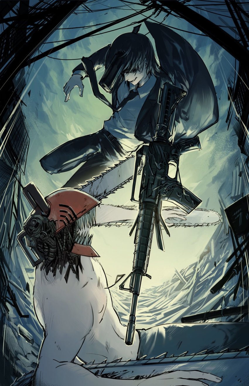 2boys, alternate_form, black_hair, black_jacket, black_pants, black_suit, chainsaw, chainsaw_man