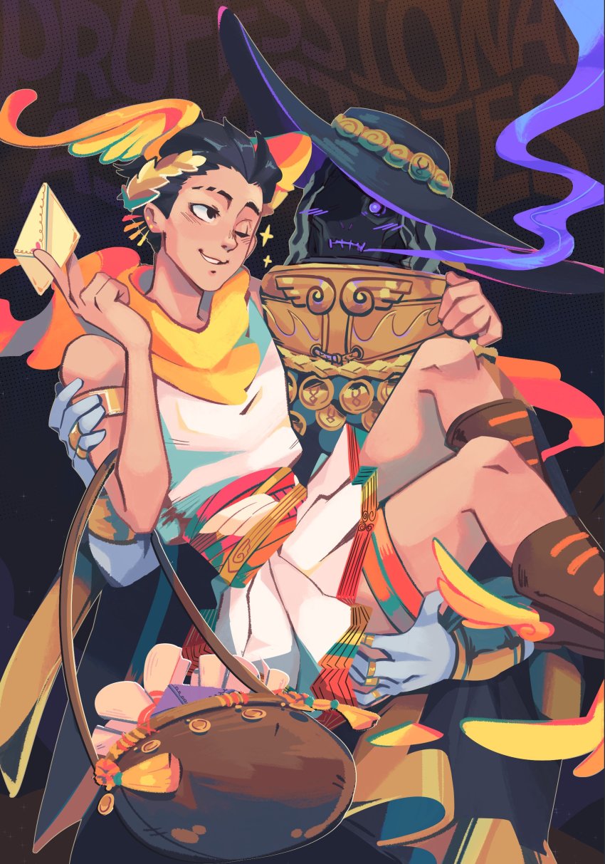 2boys, absurdres, ancient_greek_clothes, bag, black_eyes, black_hair, blue_skin, blush