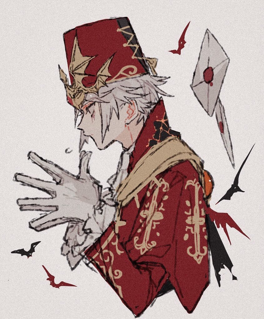 1boy, animal, bat_(animal), black_eyes, closed_mouth, film_grain, frilled_sleeves, frills