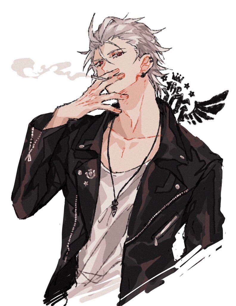 aohitsugi_samatoki, black_coat, cigarette, coat, collarbone, earrings, fingernails, grey_hair
