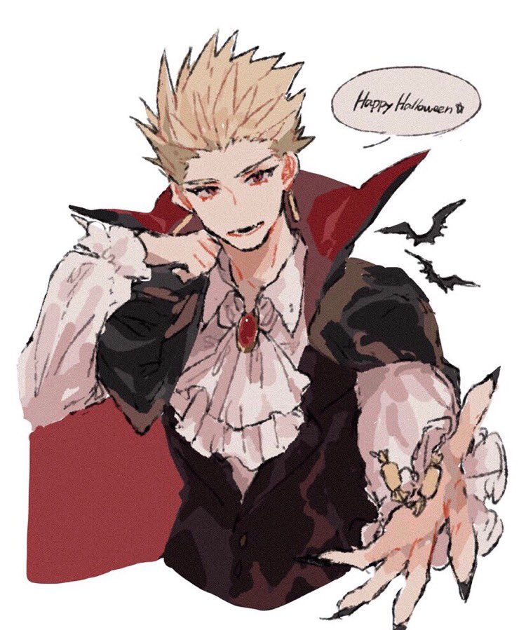 animal, bat_(animal), black_nails, candy, earrings, fang, fate_(series), fingernails, food, gilgamesh_(fate), halloween, holding, holding_candy, holding_food, jewelry, kuroneko0309252, long_fingernails, male_focus, nail_polish, open_hand, parted_lips, red_eyes, sharp_fingernails, simple_background, skin_fang, solo, speech_bubble, spiked_hair, teeth, vampire, vampire_costume, white_background