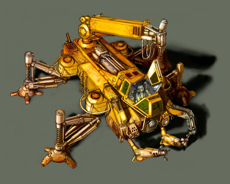 claws, cockpit, commentary, crane_(machine), english_commentary, extra_legs, from_above, grey_background