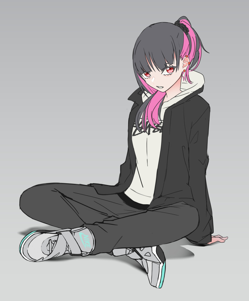 1girl, absurdres, black_hair, black_jacket, crossed_legs, ear_piercing, grey_hoodie, hair_behind_ear