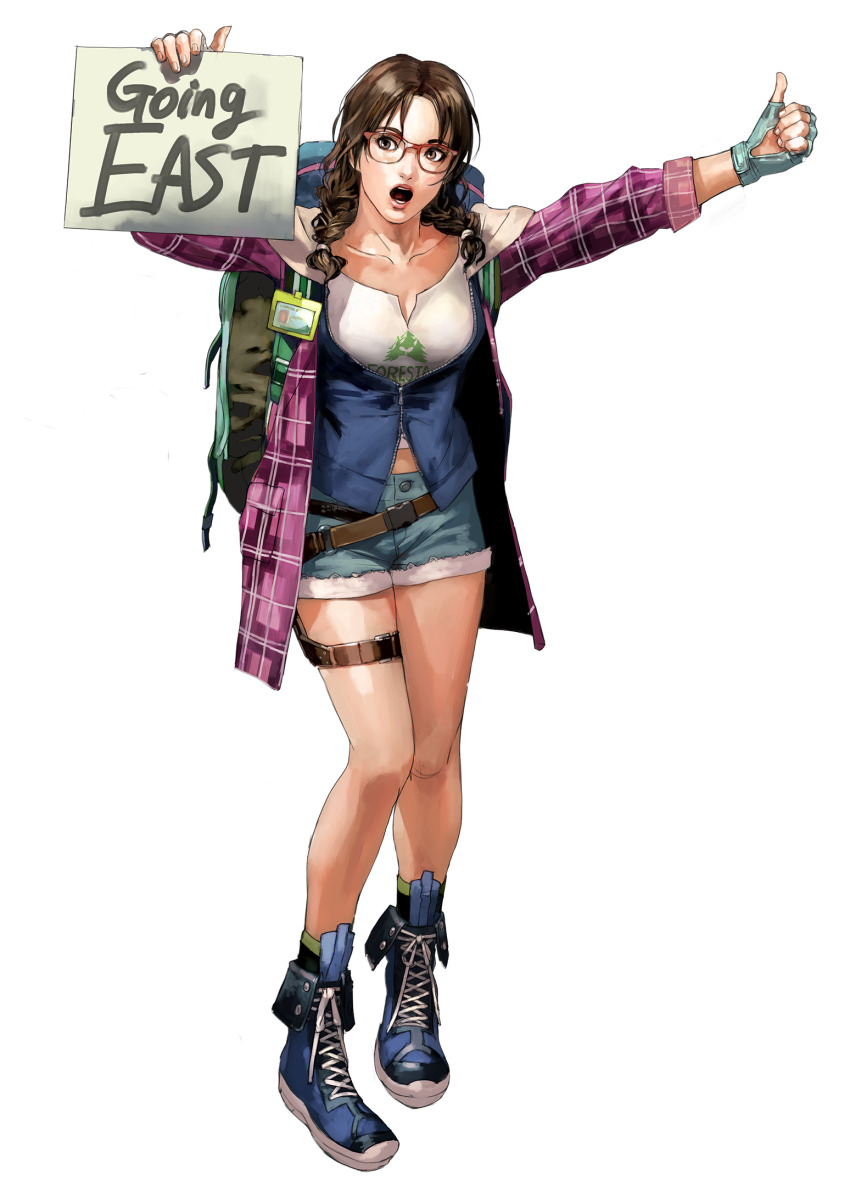 1girl, backpack, bag, bandai_namco, blue_gloves, blue_shoes, braid, breasts