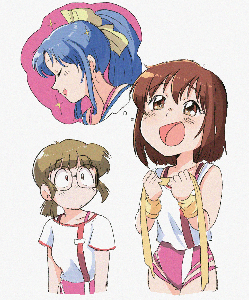 3girls, amano_kazumi, blue_hair, bow, breasts, brown_eyes, brown_hair, crop_top