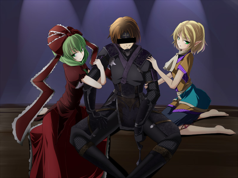 00s, 1boy, 2girls, barefoot, censored, crossover, final_fantasy, final_fantasy_xi, front_ponytail, hetero, hume, censored_identity, kagiyama_hina, kasamatsu_nobuo, kitanai_ninja, mizuhashi_parsee, multiple_girls, nikka_(cryptomeria), ninja, ninja_(final_fantasy), pointy_ears, the_iron_of_yin_and_yang, touhou