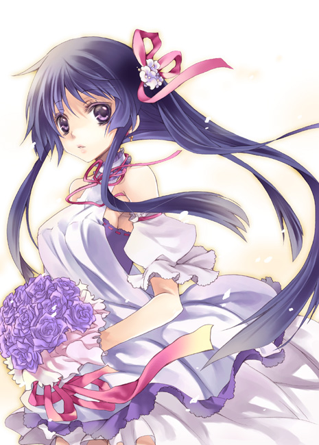 00s, 1girl, akiyama_mio, bouquet, bride, dress, female_focus, flower