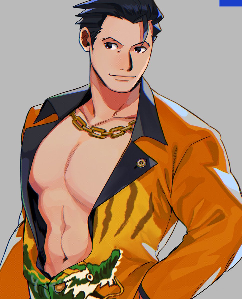 1boy, ace_attorney, bad_id, bad_twitter_id, bare_pectorals, black_hair, capcom, chain