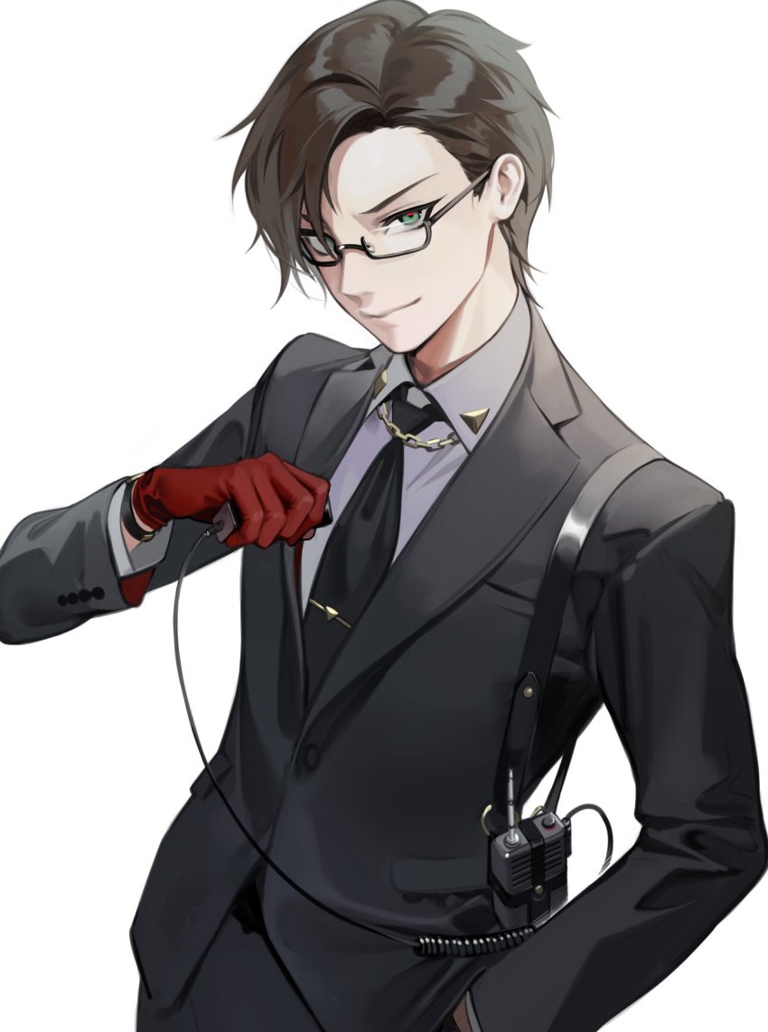 1boy, bad_id, bad_twitter_id, black_jacket, black_necktie, black_pants, brown_hair, closed_mouth, collared_shirt, cowboy_shot, formal_clothes, glasses, gloves, grey_shirt, hand_in_pocket, hand_up, highres, holding, hypnosis_mic, iruma_jyuto, jacket, long_sleeves, looking_at_viewer, male_focus, necktie, ohisashiburi, pants, red_gloves, semi-rimless_eyewear, shirt, short_hair, simple_background, smile, smirk, solo, standing, suit, tie_clip, under-rim_eyewear, white_background