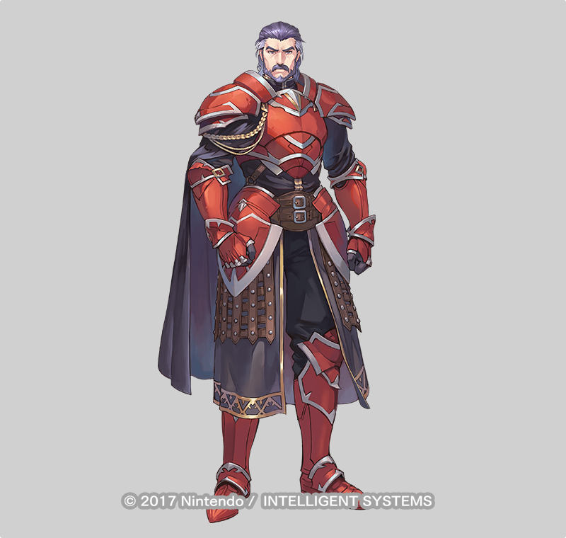1boy, armor, beard, belt, black_pants, brown_belt, buckle, cape, clenched_hand, closed_mouth, commentary_request, duessel_(fire_emblem), facial_hair, fire_emblem, fire_emblem:_the_sacred_stones, fire_emblem_heroes, frown, full_body, gauntlets, gold_trim, greaves, grey_background, grey_eyes, grey_hair, looking_at_viewer, male_focus, multicolored_hair, mustache, nintendo, nishiki_areku, official_art, pants, pauldrons, purple_cape, purple_shirt, red_armor, serious, shirt, shoulder_armor, simple_background, two-tone_hair, watermark, white_hair, wrinkled_skin