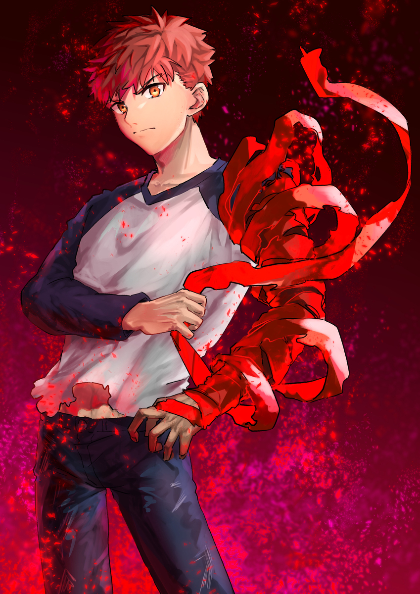 1boy, bandages, bandaged_arm, cowboy_shot, denim, emiya_shirou, fate/stay_night, fate_(series), heaven's_feel, highres, jeans, looking_at_viewer, male_focus, pants, pulling, raglan_sleeves, red_hair, sa_nomaru, short_hair, solo, torn_clothes, upper_body, yellow_eyes