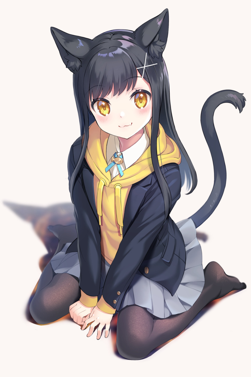 1girl, :3, animal_ears, black_hair, black_pantyhose, blazer, cat_ears, cat_girl