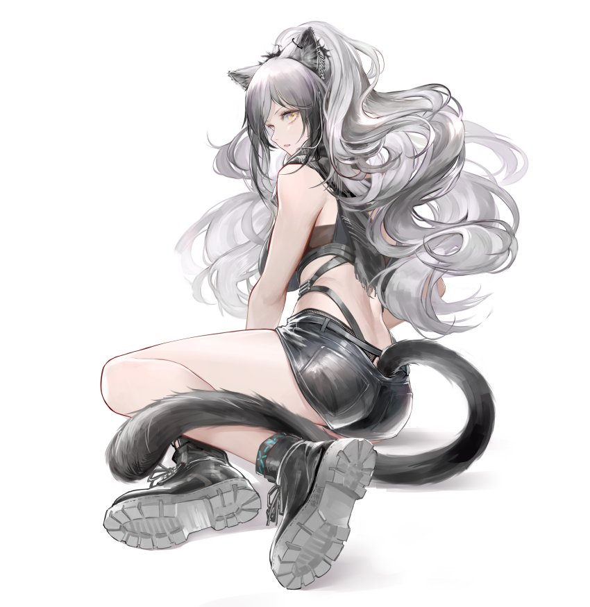 1girl, absurdres, animal_ear_fluff, animal_ears, arknights, ass, bare_legs, bare_shoulders, black_scarf, black_shoes, black_shorts, breasts, cat_ears, cat_tail, commentary, crop_top, highres, large_breasts, long_hair, looking_at_viewer, midriff, parted_lips, qiangjitong, scarf, schwarz_(arknights), shoes, short_shorts, shorts, silver_hair, simple_background, sleeveless, solo, tail, thighs, white_background, yellow_eyes