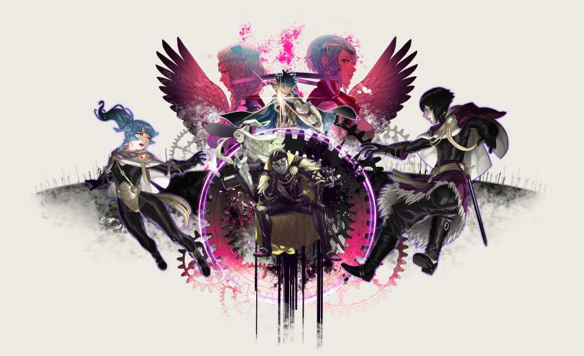 3boys, 4girls, absurdres, alfonse_(fire_emblem), armor, black_bodysuit, black_footwear, black_gloves, black_hair, black_pants, blonde_hair, blue_hair, bodysuit, boots, cape, circlet, crown, dagr_(fire_emblem), earrings, eitri_(fire_emblem), fafnir_(fire_emblem), feather_trim, fire_emblem, fire_emblem_heroes, full_body, fur_trim, gears, gloves, gradient_hair, highres, incredibly_absurdres, jewelry, knee_boots, kozaki_yuusuke, logo, looking_at_viewer, multicolored_hair, multiple_boys, multiple_girls, nintendo, nott_(fire_emblem), official_art, otr_(fire_emblem), pants, parted_lips, ponytail, reginn_(fire_emblem), scale_armor, sheath, sheathed, shield, shoulder_armor, simple_background, sitting, skin_tight, sword, weapon, white_background, yellow_eyes