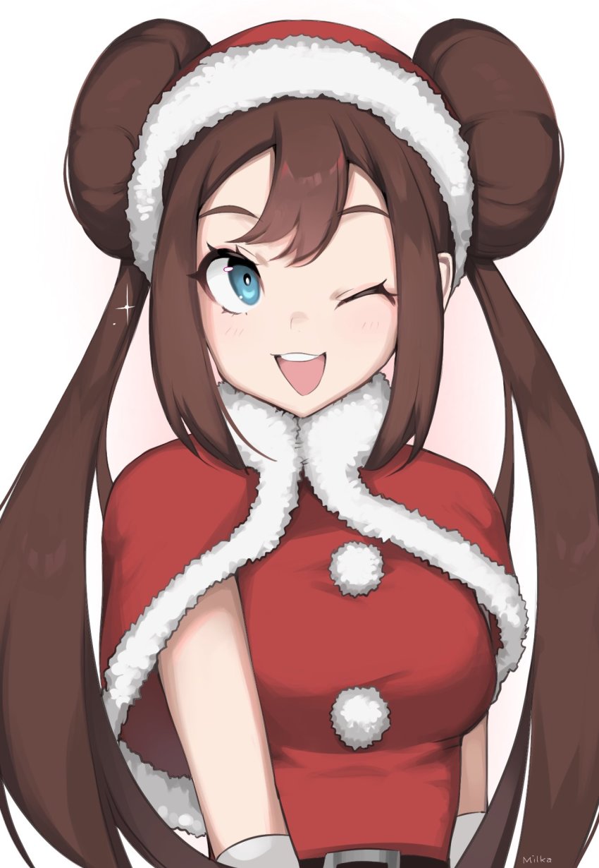 1girl, belt, blue_eyes, blush, brown_hair, capelet, commentary, double_bun, eyelashes, fur-trimmed_capelet, fur_trim, hair_bun, hat, highres, long_hair, milka_(milk4ppl), nintendo, official_alternate_costume, one_eye_closed, open_mouth, pokemon, pokemon_masters_ex, red_capelet, rosa_(holiday_2019)_(pokemon), rosa_(pokemon), santa_hat, sidelocks, sideways_glance, smile, solo, sparkle, teeth, tongue, twintails, upper_body, white_background