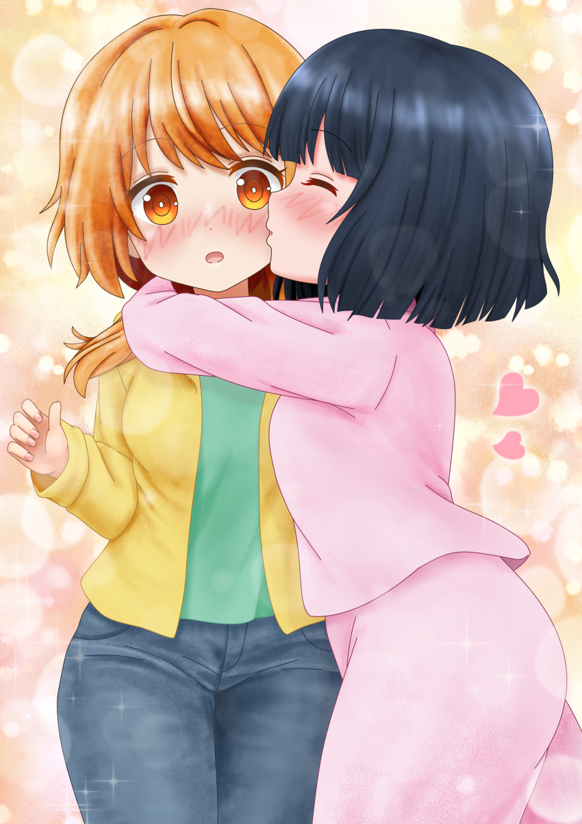 2girls, :o, absurdres, amano_akari, bishie_sparkle, black_hair, blush, bob_cut, closed_eyes, commentary, denim, funoki, heart, highres, hug, huge_filesize, jacket, jeans, kiss, kissing_cheek, medium_hair, multiple_girls, natsuki_hinata, open_mouth, orange_eyes, orange_hair, pants, shirt, short_hair, simple_background, sparkle_background, surprised, tonari_no_kyuuketsuki-san, yuri