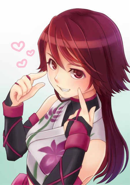 1girl, :d, brown_hair, commentary_request, eyelashes, finger_to_face, gradient_background, green_background, hair_between_eyes, heart, kunoichi_(sengoku_musou), long_hair, looking_at_viewer, midorijikano, ninja, open_mouth, sengoku_musou, sengoku_musou_1, simple_background, smile, solo, upper_body, white_background