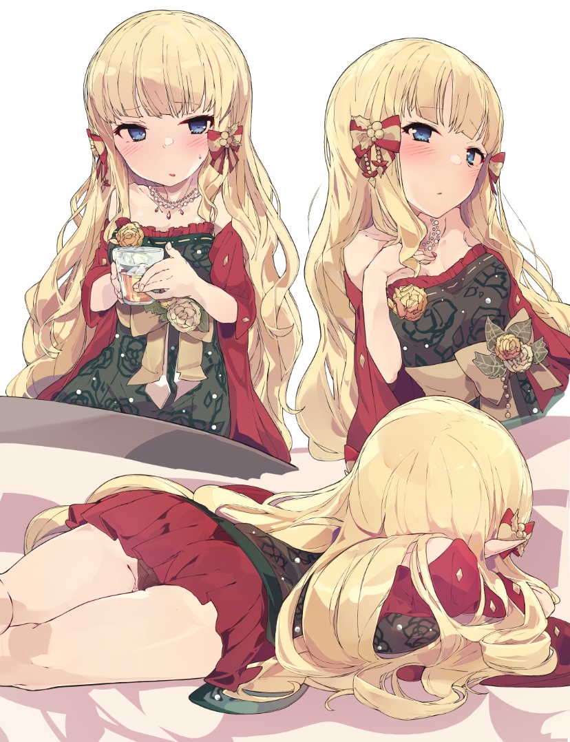 1girl, ass, blonde_hair, blue_eyes, blush, bow, breasts, cup, dress, drinking_glass, elf, green_dress, hair_bow, hair_ornament, long_hair, looking_at_viewer, lying, medium_breasts, multiple_views, on_stomach, open_mouth, pkpkpppk, pointy_ears, princess_connect!, red_skirt, saren_(christmas)_(princess_connect!), saren_(princess_connect!), shawl, simple_background, skirt, thighs, white_background