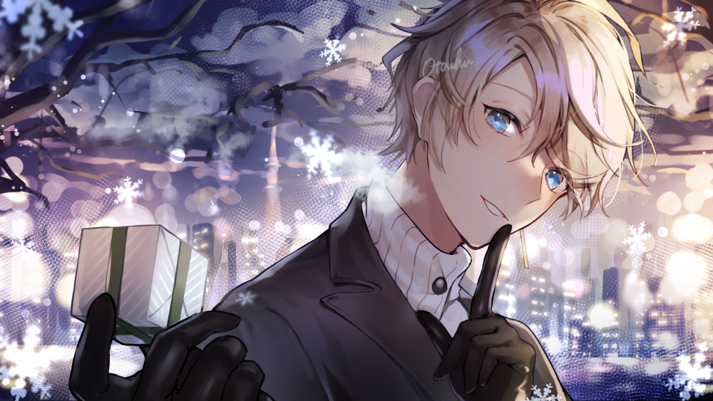 1boy, artist_name, bare_tree, black_gloves, black_jacket, blue_eyes, finger_to_mouth, gift
