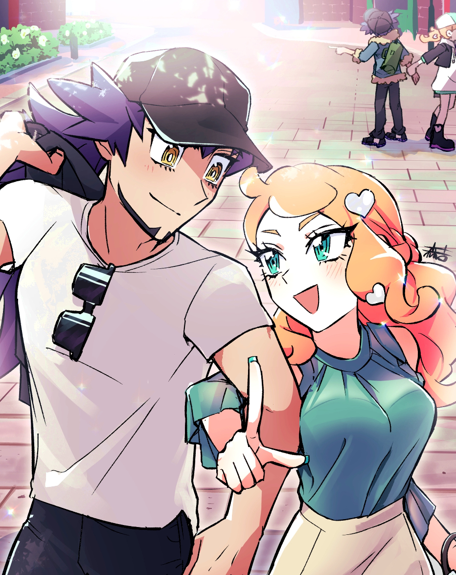 1boy, 1girl, 3737-3737, aged_down, alternate_costume, baseball_cap, black_headwear, blouse