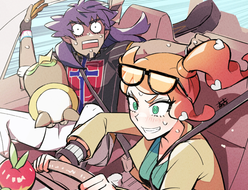 1boy, 1girl, 3737-3737, applin, baseball_cap, black_headwear, bracelet, brown_coat