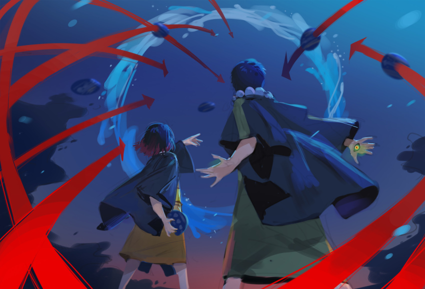 arm_up, arrow_(symbol), bead_necklace, beads, blue_hair, chyoel, glowing, glowing_eye