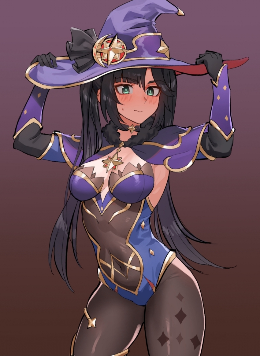 1girl, arms_up, black_hair, black_pantyhose, blush, bodysuit, bodysuit_under_clothes, bow, breasts, choker, clothing_cutout, covered_navel, cowboy_shot, detached_sleeves, fur_trim, genshin_impact, gloves, green_eyes, hair_bow, half-closed_eyes, hand_on_headwear, hat, highres, leotard, long_hair, looking_at_viewer, medium_breasts, mona_(genshin_impact), navel_cutout, pantyhose, solo, sweatdrop, witch_hat, yareen