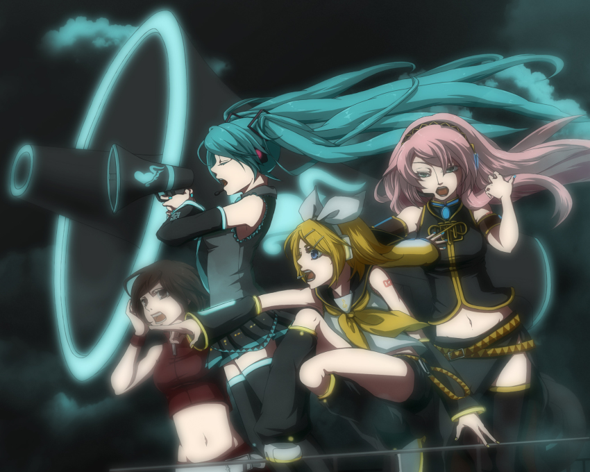 4girls, aqua_hair, bad_id, bad_pixiv_id, blonde_hair, blue_eyes, brown_eyes, brown_hair