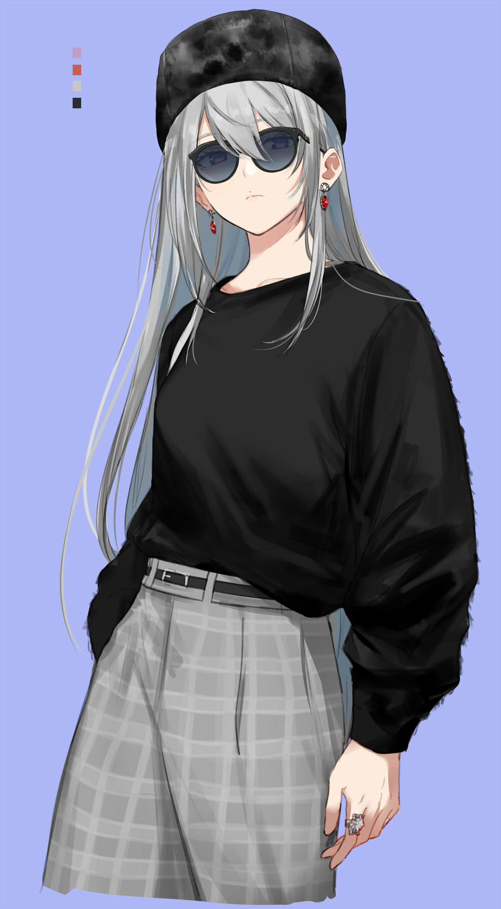 1girl, alternate_costume, black-framed_eyewear, black_hat, black_shirt, breasts, casual, closed_mouth, color_guide, commentary, cowboy_shot, earrings, english_commentary, expressionless, eyelashes, fur_hat, grey_background, grey_skirt, hair_between_eyes, hat, highres, higuchi_kaede, higuchi_kaede_(winter_casual), isshiki_(ffmania7), jewelry, lips, long_hair, long_sleeves, looking_at_viewer, medium_breasts, mole, mole_under_eye, nijisanji, plaid_clothes, plaid_skirt, purple_eyes, ring, shirt, silver_hair, simple_background, skirt, solo, straight_hair, sunglasses, tinted_eyewear, ushanka, virtual_youtuber