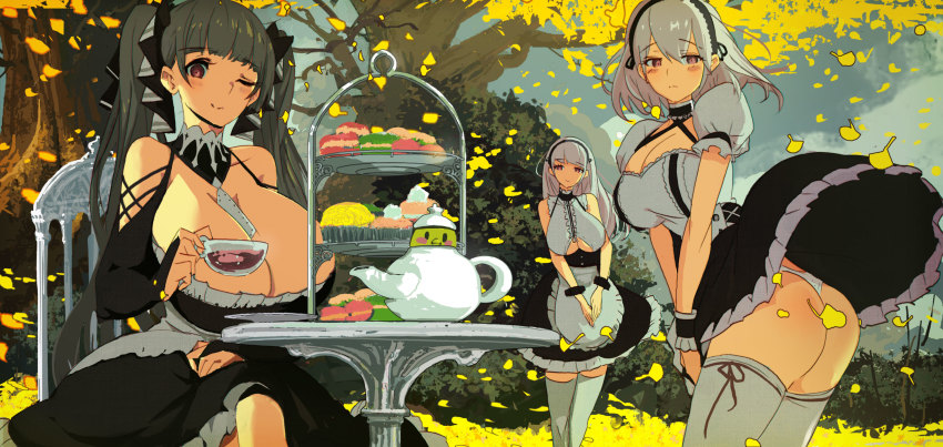 3girls, anchor_choker, anchor_necklace, apron, ass, autumn_leaves, azur_lane, black_dress