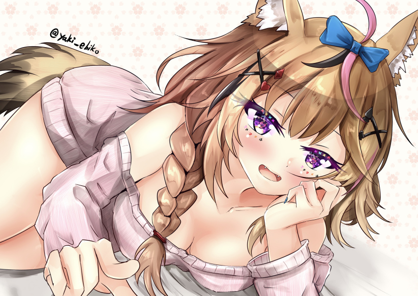 1girl, ahoge, animal_ears, blonde_hair, blue_nails, bow, braid, breasts, cherry_blossoms, cleavage, collarbone, ebiko_yaki, eyelashes, fangs, fingernails, floral_background, fox_ears, fox_tail, hair_bow, hair_ornament, hair_over_shoulder, head_rest, highres, hololive, lavender_sweater, long_hair, looking_at_viewer, lying, medium_breasts, messy_hair, nail_polish, off-shoulder_sweater, off_shoulder, omaru_polka, pointing, pointing_at_viewer, purple_eyes, smile, solo, sweater, tail, thighs, twitter_username, virtual_youtuber, x_hair_ornament