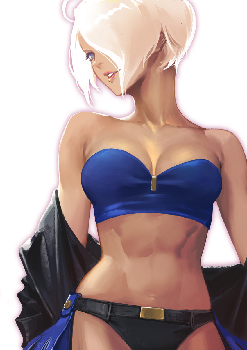 1girl, abs, ahoge, alternate_costume, angel_(kof), bandeau, bare_shoulders, belt, black_jacket, black_panties, blue_eyes, breasts, chaps, cleavage, commentary_request, dark-skinned_female, dark_skin, hair_over_one_eye, highres, jacket, leather, leather_jacket, lips, lipstick, looking_at_viewer, makeup, medium_breasts, off-shoulder_jacket, off_shoulder, outline, panties, sanwood_mori, short_hair, solo, strapless, the_king_of_fighters, toned, underwear, white_background, white_hair