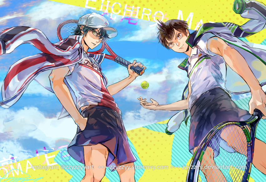 2boys, baby_steps, ball, baseball_cap, black_hair, brown_eyes, brown_hair, character_name, closed_mouth, cloud, cloudy_sky, collared_shirt, commentary, cowboy_shot, crossover, day, deviantart_username, echizen_ryooma, english_commentary, from_below, green_eyes, hair_between_eyes, hand_in_pocket, hat, highres, holding, holding_racket, instagram_username, jacket, jacket_on_shoulders, male_focus, maruo_eiichirou, multicolored_background, multiple_boys, parted_lips, purple_shorts, racket, shirt, short_sleeves, shorts, signature, sky, smile, sportswear, standing, tennis_ball, tennis_no_ouji-sama, tennis_racket, tennis_uniform, trait_connection, watermark, web_address, white_headwear, white_shirt, zzyzzyy
