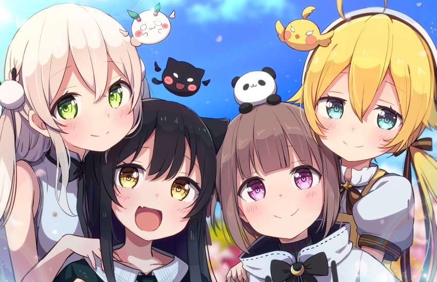 4girls, :d, ahoge, bare_shoulders, beret, black_bow, black_hair, black_shirt