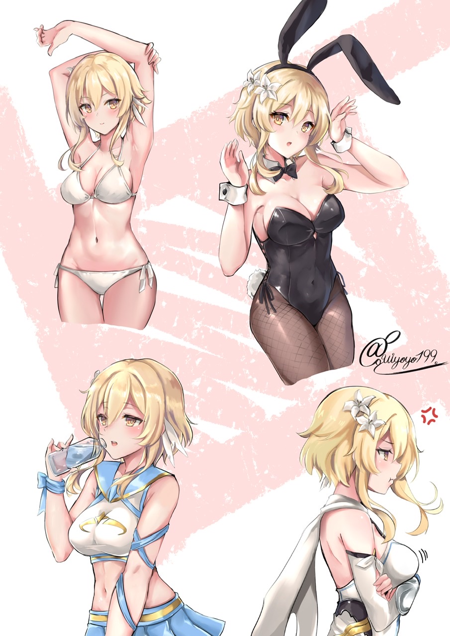 1girl, alternate_costume, anger_vein, animal_ears, armpits, arms_up, artist_name, bare_shoulders, bikini, black_neckwear, blush, bottle, bow, bowtie, breasts, cheerleader, cleavage, commentary, covered_navel, crop_top, crossed_arms, detached_collar, detached_sleeves, dress, drinking, fake_animal_ears, fake_tail, fishnet_pantyhose, fishnets, flower, genshin_impact, hair_flower, hair_ornament, highres, holding, holding_bottle, kouno_(uiyoyo199), lily_(flower), lumine_(genshin_impact), medium_breasts, midriff, multiple_views, navel, open_mouth, pantyhose, playboy_bunny, pleated_skirt, pout, rabbit_ears, rabbit_pose, rabbit_tail, reference_sheet, shirt, short_hair_with_long_locks, skirt, sleeveless, sleeveless_shirt, smile, stretching, swimsuit, tail, water_bottle, white_bikini, white_dress, white_flower, wing_collar, wrist_cuffs, yellow_eyes