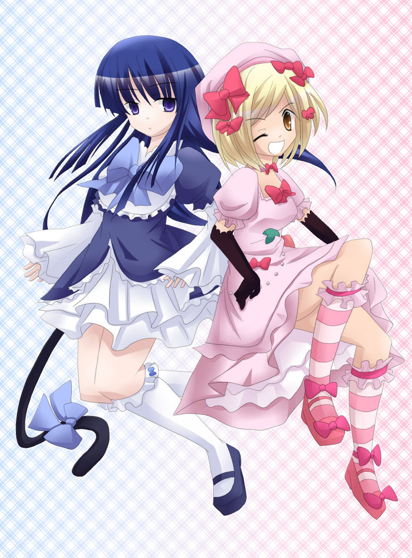 00s, 2girls, bad_id, bad_pixiv_id, blonde_hair, blue_eyes, blue_hair, cat_tail