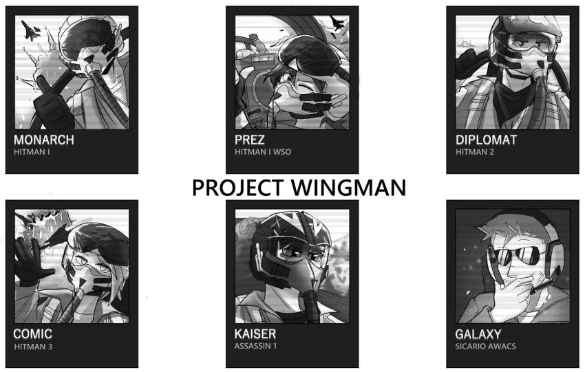 2girls, 4boys, aircraft, airplane, artist_request, beard, character_name, comic_(project_wingman), diplomat_(project_wingman), english_text, explosion, facial_hair, fighter_jet, galaxy_(project_wingman), greyscale, helmet, kaiser_(project_wingman), looking_at_viewer, looking_back, mask, military, military_vehicle, monarch_(project_wingman), monochrome, multiple_boys, multiple_girls, pilot, pilot_helmet, pilot_suit, prez_(project_wingman), project_wingman, sunglasses, thumbs_up, visor