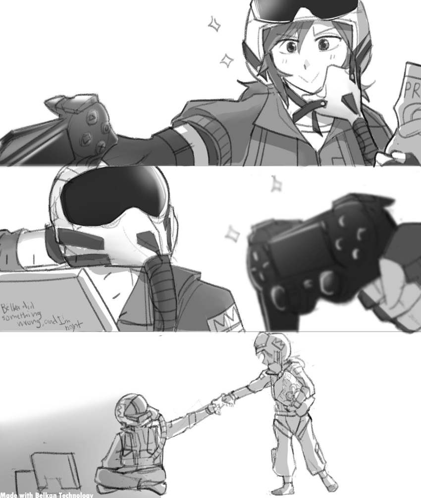 1boy, 1girl, artist_request, english_text, faceless, faceless_male, flat_screen_tv, game_controller, gloves, greyscale, helmet, highres, monarch_(project_wingman), monochrome, pilot_helmet, pilot_suit, playstation_controller, prez_(project_wingman), project_wingman, smile, sparkle, television, visor