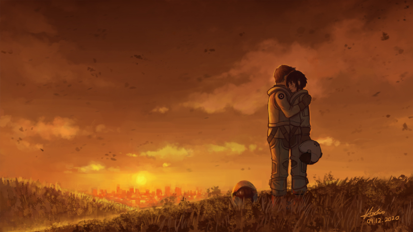 1boy, 1girl, artist_name, bird, cityscape, cloud, cloudy_sky, dated