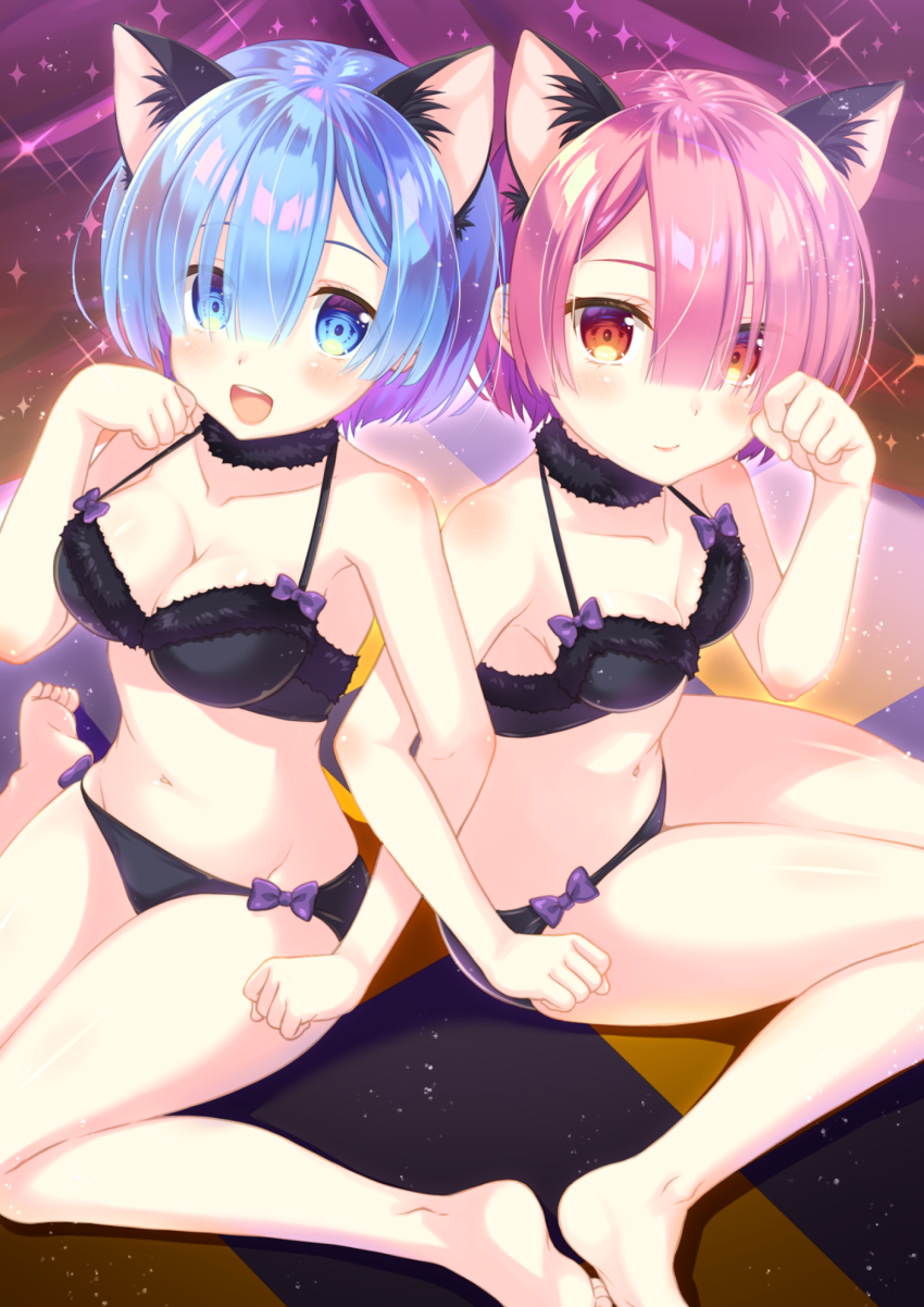 2girls, :d, animal_ear_fluff, animal_ears, barefoot, black_bra, black_choker, black_panties, blue_eyes, blue_hair, blush, bow, bra, breasts, cat_ears, checkered_floor, choker, cleavage, closed_mouth, collarbone, fake_animal_ears, female_focus, fur-trimmed_bra, fur-trimmed_panties, fur_trim, groin, hair_between_eyes, highres, kemonomimi_mode, looking_at_viewer, matching_hair/eyes, matching_outfits, medium_breasts, multiple_girls, narumi_yuu_(bunbukudou), navel, open_mouth, panties, paw_pose, pink_hair, purple_bow, ram_(re:zero), re:zero_kara_hajimeru_isekai_seikatsu, red_eyes, rem_(re:zero), short_hair, siblings, sisters, sitting, small_breasts, smile, twins, underwear, underwear_only, wariza