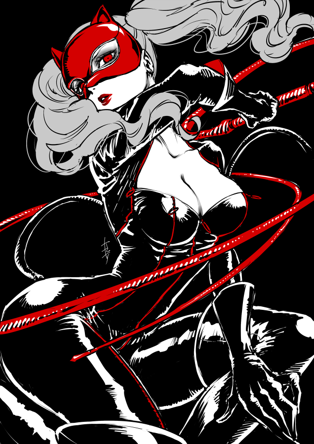 1girl, blue_eyes, bodysuit, breasts, catsuit, cleavage, earrings, gloves, jewelry, leather_suit, limited_palette, lipstick, long_hair, makeup, mask, panther_(persona_5), persona, persona_5, red_eyes, saitou_rokuro, solo, spot_color, takamaki_anne, twintails, whip