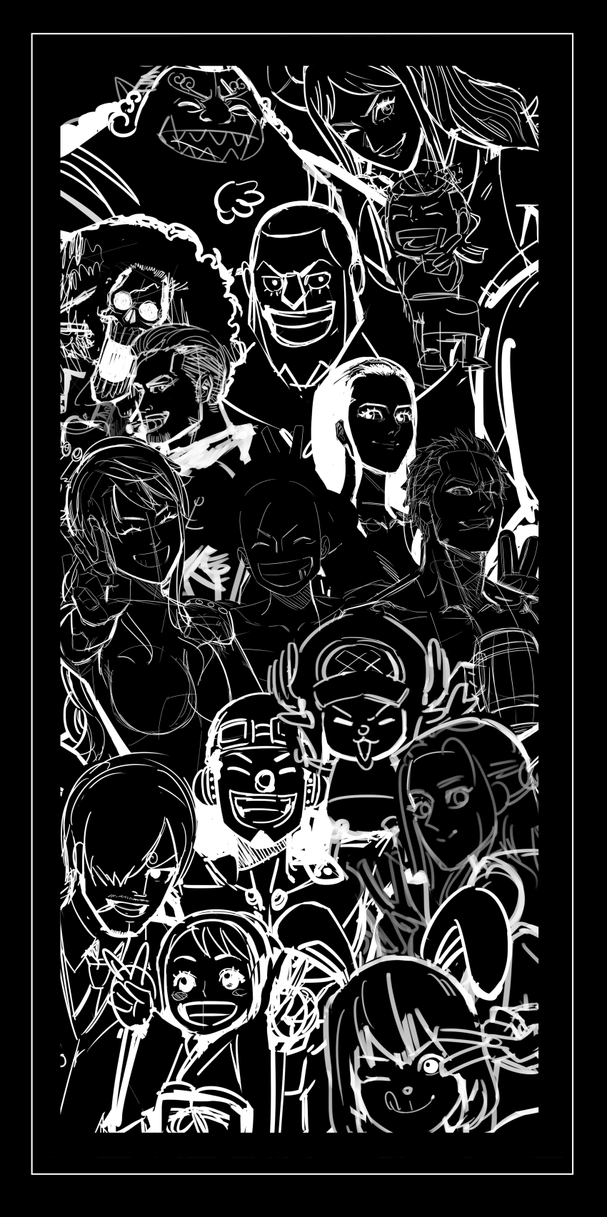 absurdres, black_theme, brook_(one_piece), carrot_(one_piece), franky_(one_piece), highres, jinbe_(one_piece), kouzuki_momonosuke