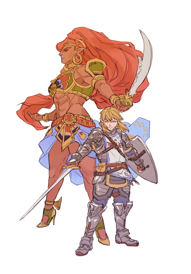 1boy, 1girl, abs, armor, blonde_hair, blue_lips, crimson_sun, dark_skin, dark-skinned_female, earrings, gerudo, green_eyes, hoop_earrings, hyrule_warriors:_age_of_calamity, jewelry, link, lipstick, long_hair, makeup, muscular, muscular_female, nintendo, pointy_ears, red_hair, schmater, scimitar, shield, size_difference, standing, sword, the_legend_of_zelda, the_legend_of_zelda:_breath_of_the_wild, urbosa, weapon