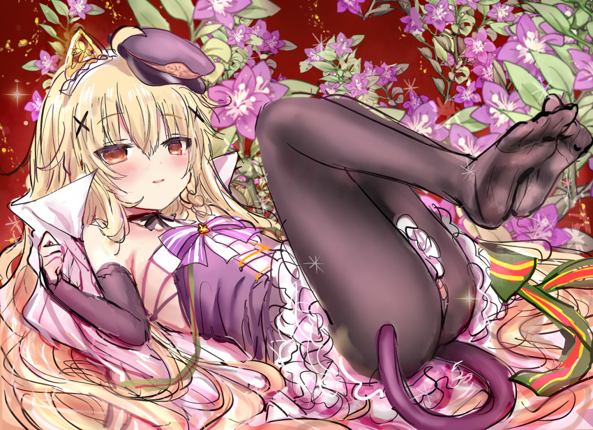 1girl, ahoge, black_pantyhose, black_sleeves, blonde_hair, blush, bow, brown_eyes