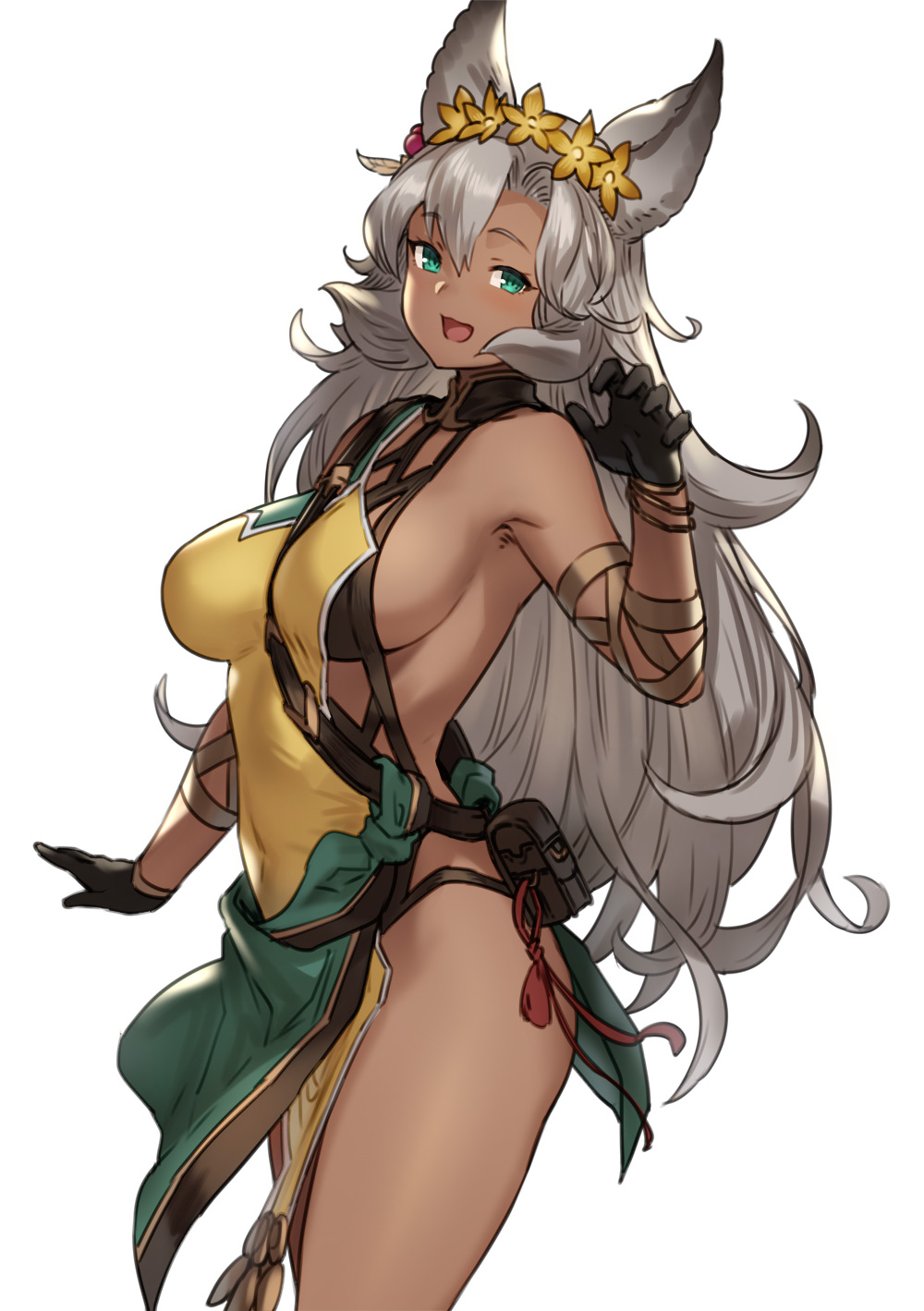 1girl, animal_ears, black_gloves, breasts, dark_skin, dark-skinned_female, erune, female_focus